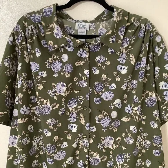 Vintage 90s Green Floral Cottagecore Retro Country Button Up Collared Shirt 2X - Picture 2 of 8